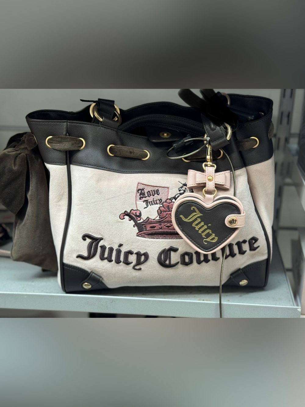 Juicy Couture Black and Pink Heart Charm Tote